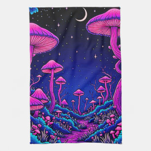 Glowing Psychedelic Mushroom Forest Night Tea Towel