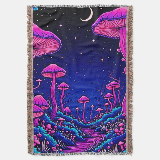 Glowing Psychedelic Mushroom Forest Night Throw Blanket (Front Vertical)