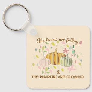 Glowing Pumpkin and Autumn Leaves Floral Doodle Key Ring