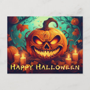 Glowing Pumpkin Candles Twisted Trees Art Holiday Postcard