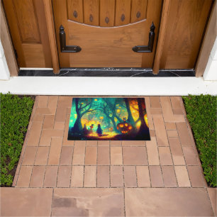 Glowing Pumpkins in Spooky Forest Halloween Doormat