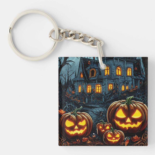 Glowing Pumpkins on Halloween Night Key Ring (Front)