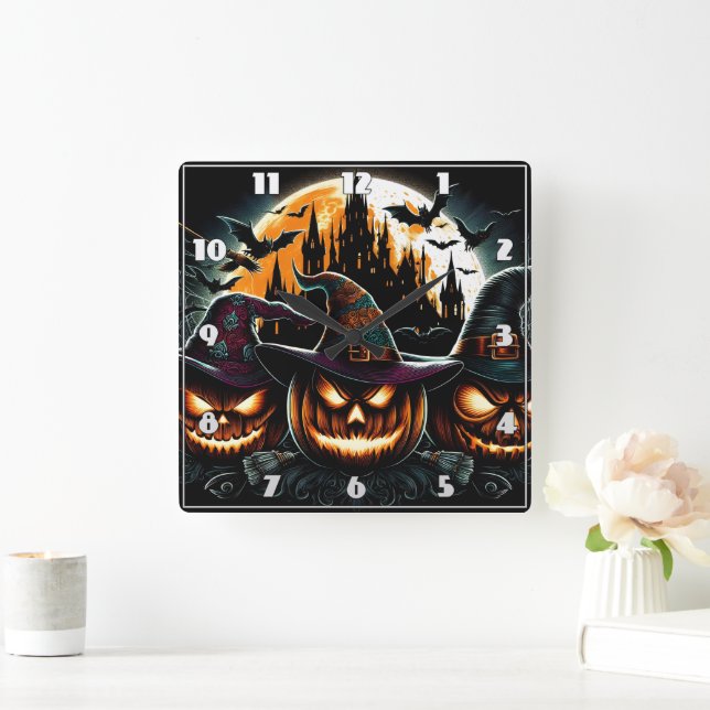 Glowing pumpkins shine under the moon square wall clock (Home)