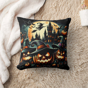Glowing pumpkins under the full moon cushion