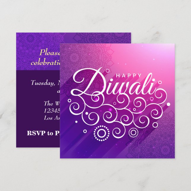 Glowing Purple flourishing Rangoli Happy Diwali Invitation (Front/Back)