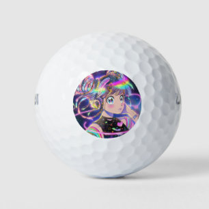 Glowing Rainbow Galaxy Anime Girl with Headphones Golf Balls