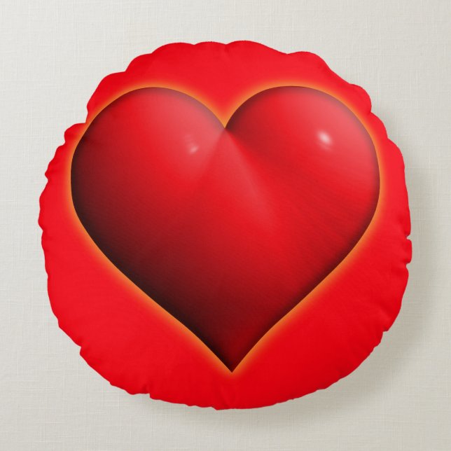 Glowing  Red 3-D Heart Round Cushion (Front)