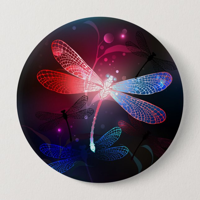 Glowing red dragonfly 10 cm round badge (Front)