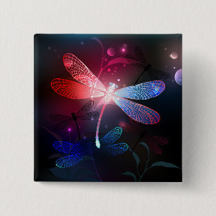 Glowing red dragonfly 15 cm square badge