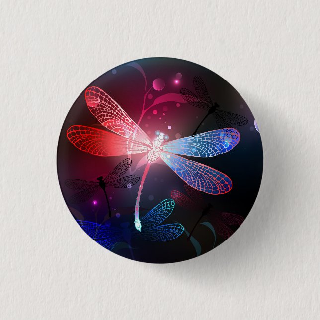 Glowing red dragonfly 3 cm round badge (Front)