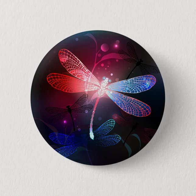 Glowing red dragonfly 6 cm round badge (Front)