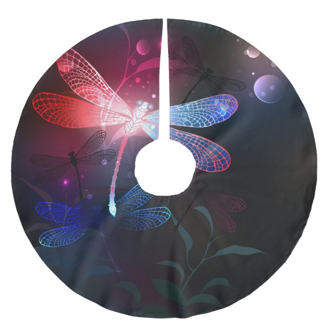 Glowing red dragonfly brushed polyester tree skirt (Front)