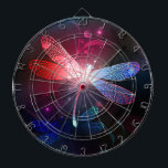 Glowing red dragonfly dartboard<br><div class="desc">Glowing,  flying,  red dragonfly,  with transparent,  detailed wings on dark,  nocturnal,  luminous background with tropical plants and fireflies. Red dragonfly.</div>