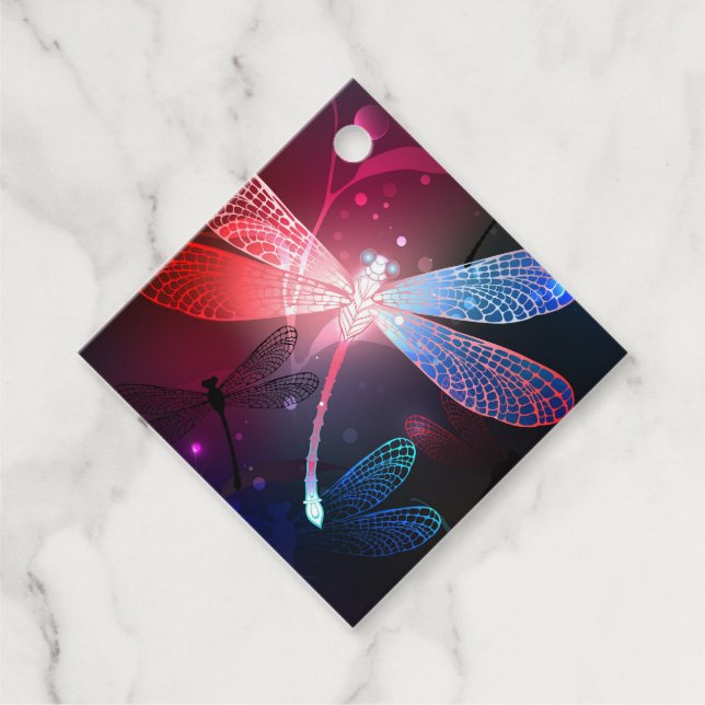 Glowing red dragonfly favour tags (Front)