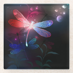 Glowing red dragonfly glass coaster