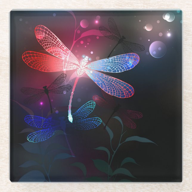 Glowing red dragonfly glass coaster (Front)