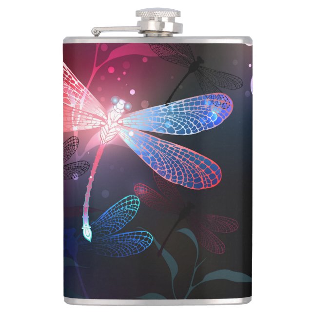Glowing red dragonfly hip flask (Front)