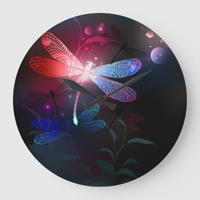 Glowing red dragonfly large clock (Front)