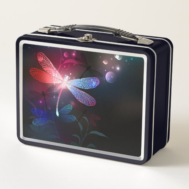 Glowing red dragonfly metal lunch box (Front)