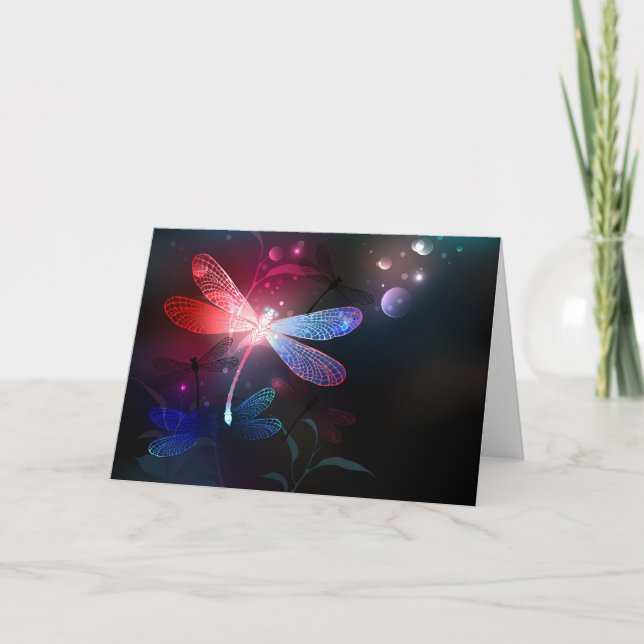 Glowing red dragonfly note card (Front)