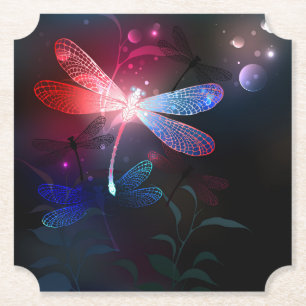 Glowing red dragonfly paper coaster