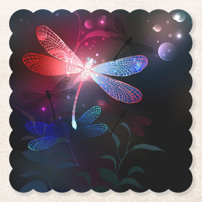 Glowing red dragonfly paper coaster (Front)