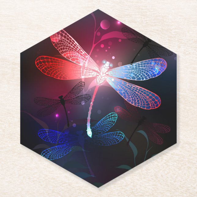 Glowing red dragonfly paper coaster (Front)