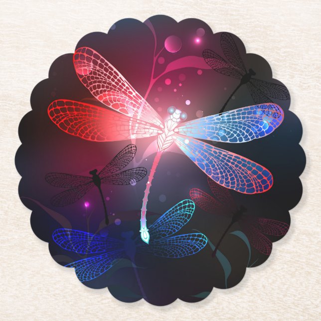 Glowing red dragonfly paper coaster (Front)