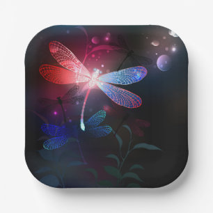 Glowing red dragonfly paper plate