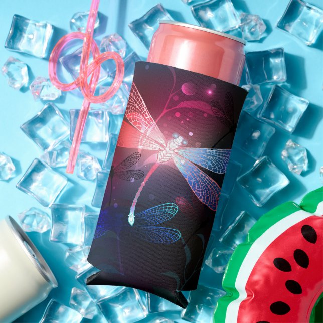 Glowing red dragonfly seltzer can cooler (In Situ Summer)