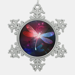 Glowing red dragonfly snowflake pewter christmas ornament
