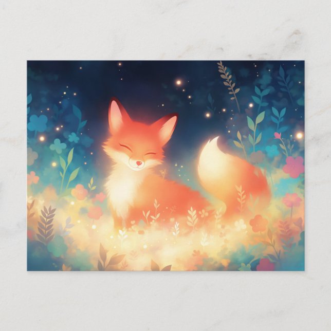 Glowing Red Fox in Magical Night Meadow Postcard (Front)