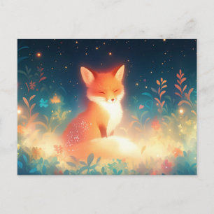 Glowing Red Fox in Magical Night Meadow Postcard