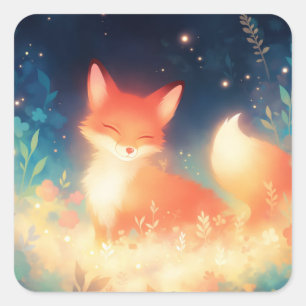 Glowing Red Fox in Starry Night Wildflower Square Sticker