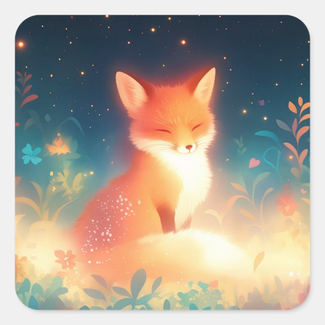 Glowing Red Fox Napping in Starry Night Wildflower Square Sticker (Front)
