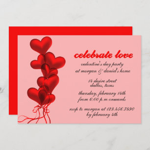 Glowing Red Heart Balloons Valentine's Day Party Invitation