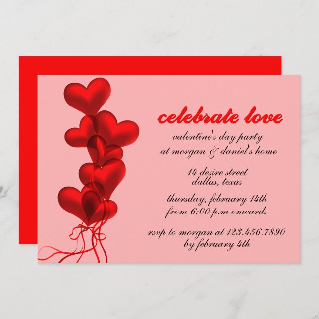 Glowing Red Heart Balloons Valentine's Day Party Invitation (Front/Back)