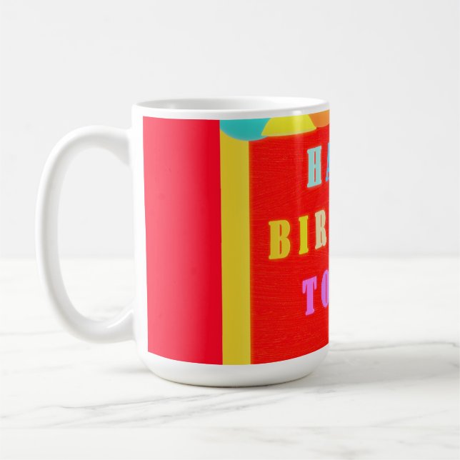 Glowing red plus mixed colours happy birthday coffee mug (Left)