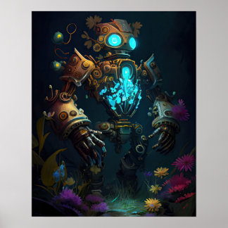 Glowing Robot & Flowers Poster