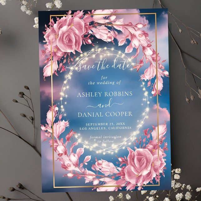 Glowing Rosy Flowers And Sparkles Save The Date Invitation (Creator Uploaded)
