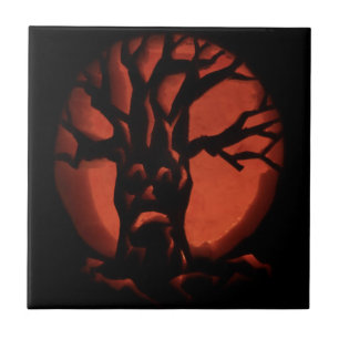 Glowing Scared Dead Tree Halloween Pumpkin Tile