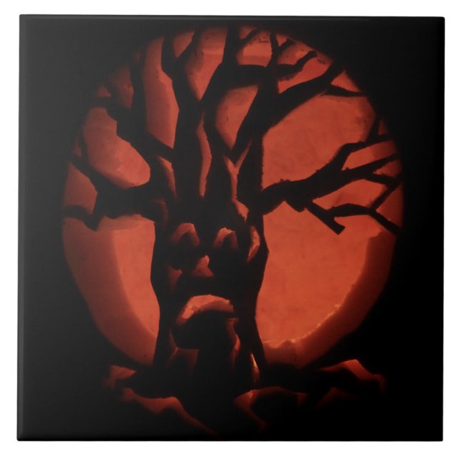 Glowing Scared Dead Tree Halloween Pumpkin Tile (Front)