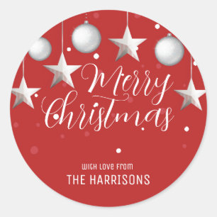 Glowing Silver Christmas Baubles Red Classic Round Sticker