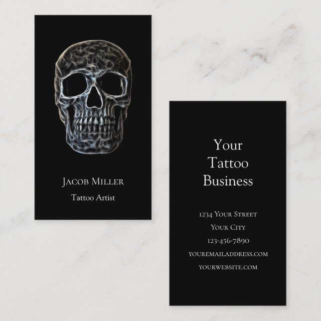 Glowing Skull Gothic Black And White Tattoo Shop Business Card (Front/Back)