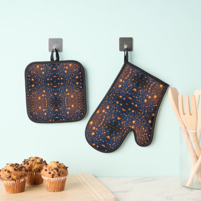Glowing Sky Lanterns at Night Oven Mitt & Pot Holder Set (Insitu(Hanging))