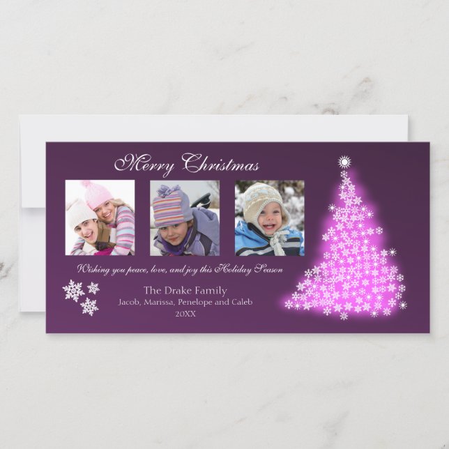 Glowing Snowflake Tree Photocard (eggplant) Holiday Card (Front)