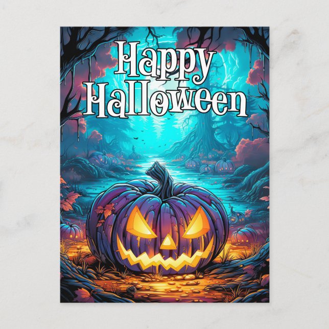 Glowing Spooky Halloween Pumpkin Postcard (Front)