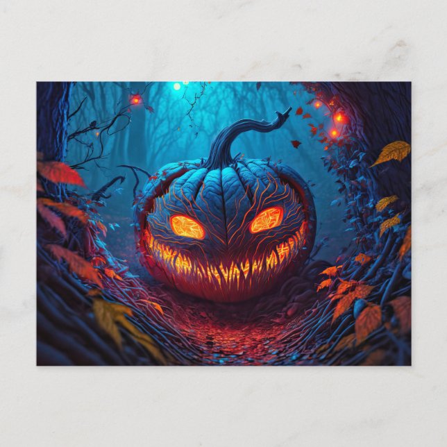 Glowing Spooky Happy Halloween Pumpkin Postcard (Front)