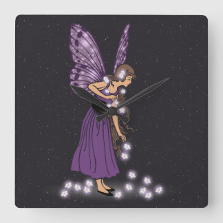 Glowing Star Flowers Pretty Purple Fairy Girl Square Wall Clock