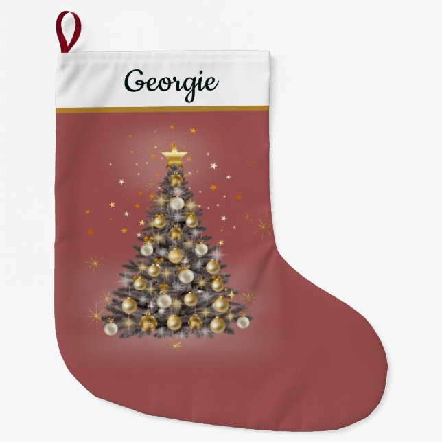 Glowing Star Tree Christmas Stocking – Red (Front)